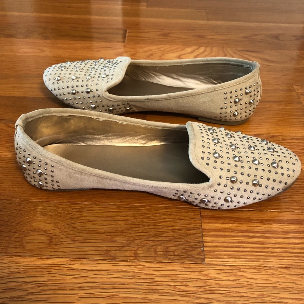 Boutique sparkly spiked tan Swede loafers